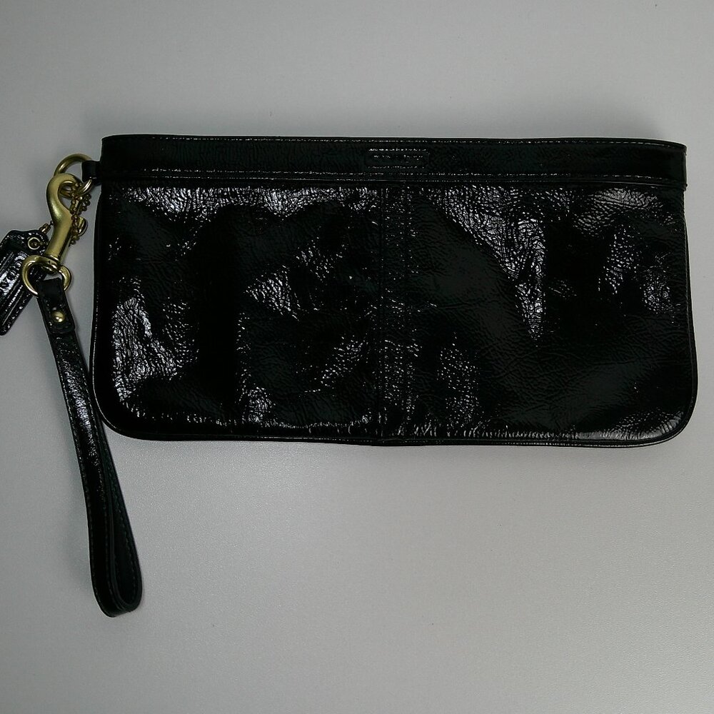 Coach Black Leather Wristlet Clutch Handbag Glossy Minimalist Quiet Luxury Luxe